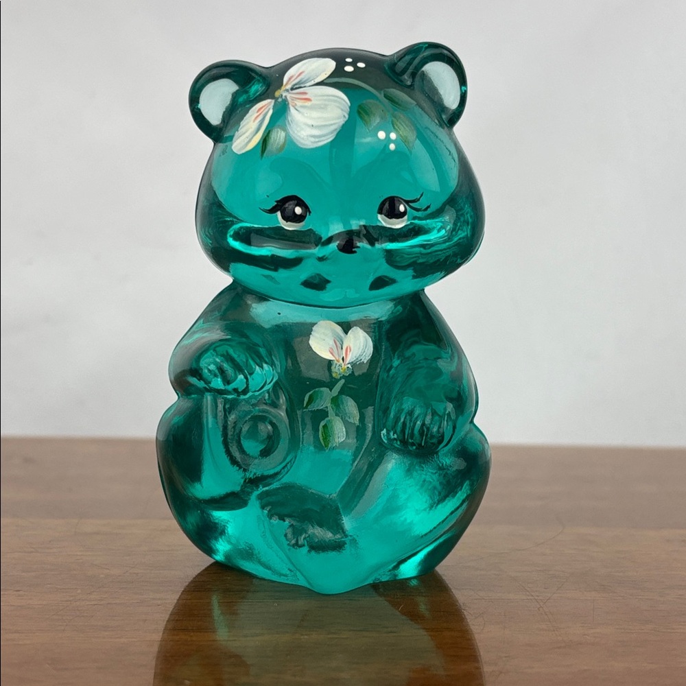 Vintage Fenton hand painted glass bear artist signed teal